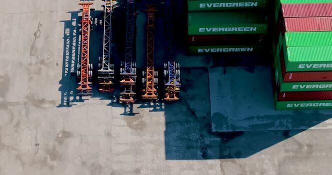 Aerial view of shipping containers and truck chassis United States. Aerial view of shipping containers and truck chassis United States.