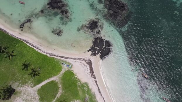 Aerial view of Belle Mare Beach in Quatre Cocos Mauritius.