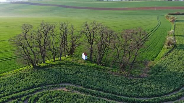 Aerial view of a small chapel in South Moravian Region Czechia.