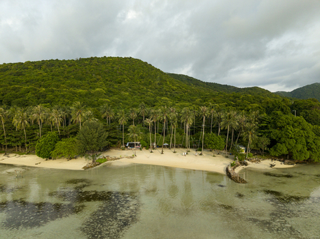 Aerial view of Bobby Beach where the vibrant green forest meets the pristine white sands and crystal clear turquoise waters Karimunjawa Central Java Indonesia.