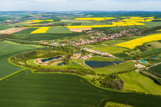 Aerial view of agricultural landscape with vibrant yellow rapeseed fields green crops small village and ponds in Brno South Moravian Region Czechia.