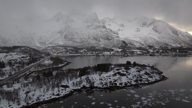 Aerial view of Lofoten mountains in Vagan Municipality Norway.