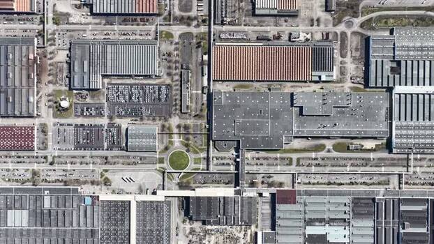 Aerial view of industrial buildings and roads France.