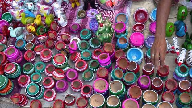 View of colorful clay pottery at a market in Bogura Bangladesh.