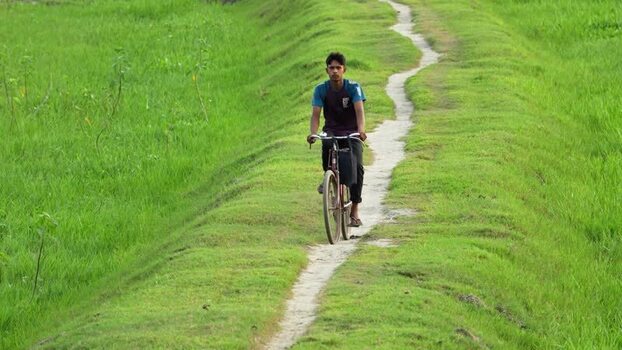 View of a man riding a bicycle through green fields Bangladesh. View of a man riding a bicycle through green fields Bangladesh.