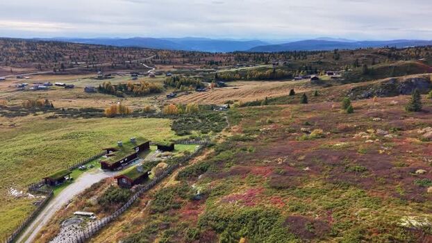 Aerial view of Ringebufjellet cabins in Ringebu Norway.