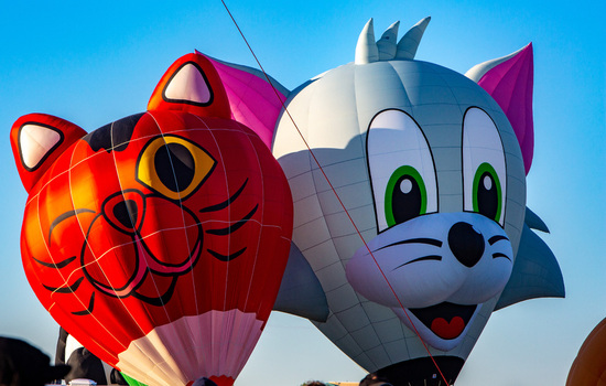 Albuquerque United States 12 October 2017 View of whimsical hot air balloons shaped like cartoon cats against a vast clear blue sky a burst of color and imagination. Albuquerque United States 12 October 2017 View of whimsical hot air balloons shaped like cartoon cats against a vast clear blue sky a burst of color and imagination.