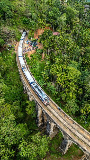 Aerial view of a passenger train crossing the historic Nine Arch Bridge surrounded by lush tropical forest and palm trees in Nuwara Eliya Central Province Sri Lanka.