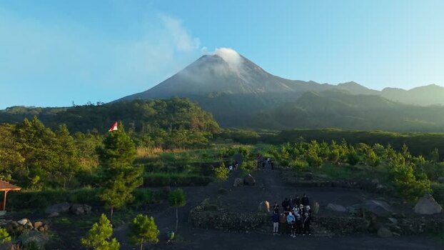 Aerial view of Bunker Kaliadem Merapi and volcano Indonesia.