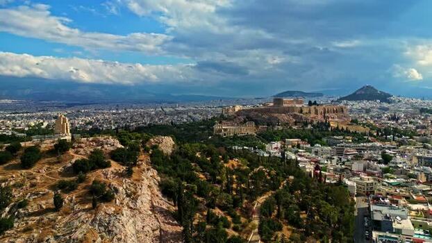 Aerial view of the Acropolis in Athens Greece.