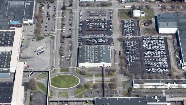 Aerial view of parking lots and buildings France.