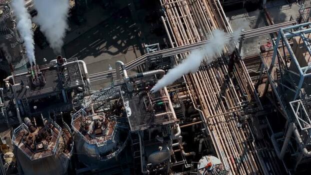 Aerial view of industrial oil refinery complex in United States.