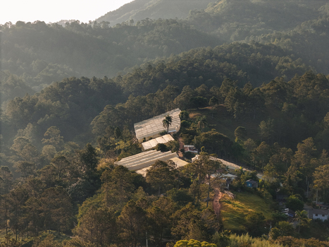 Aerial view of greenhouses nestled in the lush forested hills of Jarabacoa La Vega Province Dominican Republic.