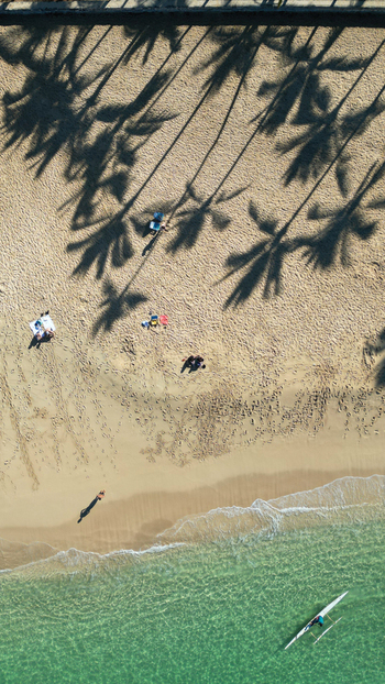 Aerial view of palm tree shadows stretch across the golden sands of Waikiki Beach meeting the turquoise ocean Honolulu Hawaii United States. Aerial view of palm tree shadows stretch across the golden sands of Waikiki Beach meeting the turquoise ocean Honolulu Hawaii United States.