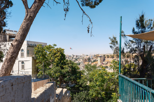 View of the cityscape of Amman with stone walls lush green trees and residential buildings under a clear blue sky in Amman Amman Governorate Jordan.