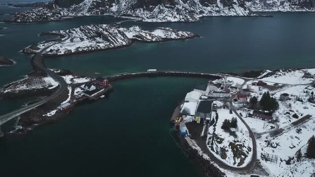 Aerial view of Henningsv&aelig;r Bridges Norway.