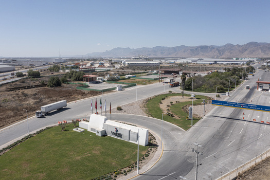 San Luis Potosi San Luis Potosi Mexico 24 February 2026 Aerial view of Parque Industrial Logistik with industrial warehouses access roads and truck terminal in an arid landscape. San Luis Potosi San Luis Potosi Mexico 24 February 2026 Aerial view of Parque Industrial Logistik with industrial warehouses access roads and truck terminal in an arid landscape.