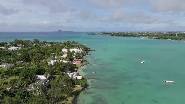 Aerial view of Grand Baie Public Beach in Mauritius.
