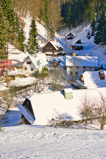 View of snow covered roofs of cozy cabins nestled among verdant trees a wintry tableau under the crisp clear sky Moce Banska Bystrica Region Slovakia.