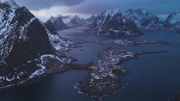 Aerial view of Reinebringen mountains and Reine Norway.