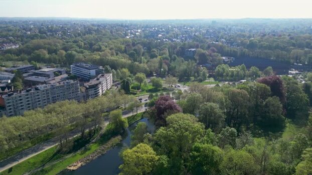 Aerial view of urban parkland and canal in Woluwe Saint Pierre Belgium. Aerial view of urban parkland and canal in Woluwe Saint Pierre Belgium.