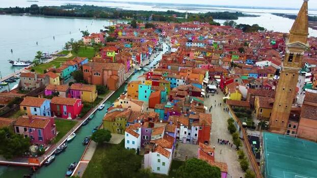 Aerial view of Burano and San Martino church in Italy.