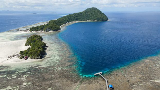 Aerial view of Raja Ampat islands with lush vegetation white sandy beaches and a wooden pier extending into turquoise waters in Raja Ampat Southwest Papua Indonesia.