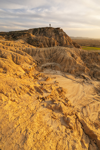 View of a person standing on the eroded sandstone formations of Bardenas Reales badlands under a soft sunset sky in Navarre Spain. View of a person standing on the eroded sandstone formations of Bardenas Reales badlands under a soft sunset sky in Navarre Spain.