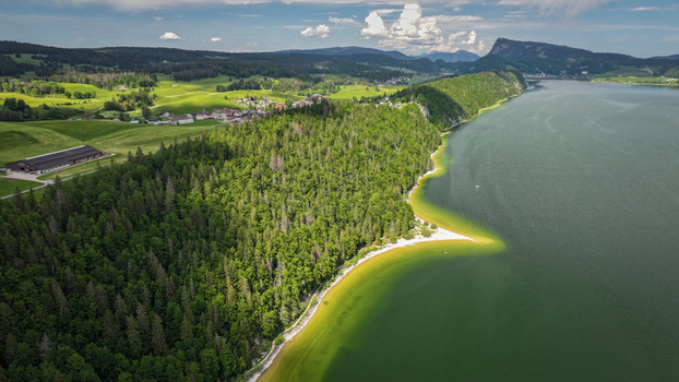 Aerial view of the tranquil lake mirroring the sky bordered by verdant forests and rolling hills a serene landscape of nature s artistry Le Lieu Vaud Switzerland.