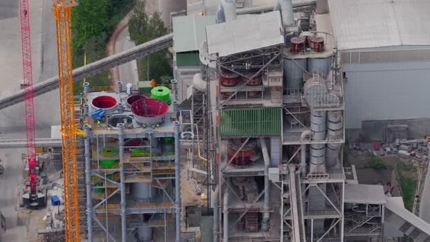 Aerial view of industrial structures at a cement factory Czechia.