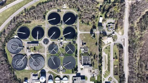 Aerial view of a waste water treatment plant France.