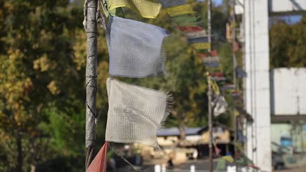 View of Buddhist prayer flags fluttering in the wind Nepal.