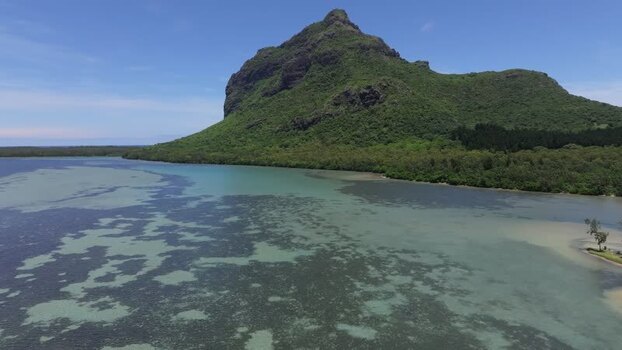 Aerial view of Le Morne Brabant mountain in Mauritius.