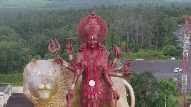 Aerial view of Durga Maa statue at Grand Bassin Mauritius.