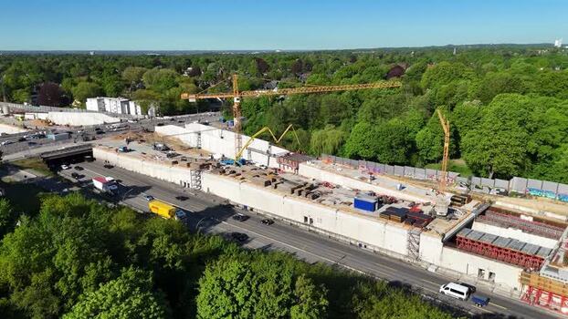 Aerial view of motorway tunnel construction in Hamburg Germany.