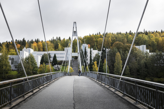 View of the Ylisto Bridge with its distinctive suspension pylon leading to modern buildings surrounded by autumn foliage in Jyvaskyla Central Finland Finland.