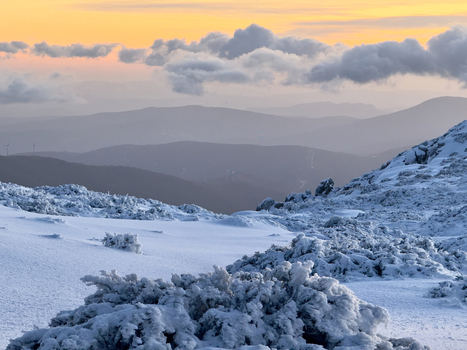 View of snow dusted shrubs and distant mountain silhouettes meet a serene sunset sky in a cold quiet landscape Covilh&atilde; Distrito da Guarda Portugal.