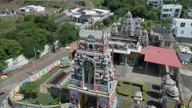Aerial view of Cap Malheureux Hindu temple in Mauritius.