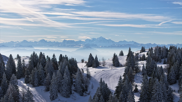 Aerial view of snow laden evergreens cascade down the slopes towards the distant hazy mountain range Gex Auvergne Rhône Alpes France. Aerial view of snow laden evergreens cascade down the slopes towards the distant hazy mountain range Gex Auvergne Rhône Alpes France.