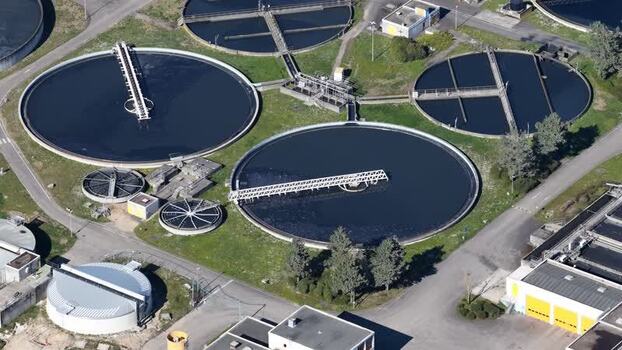 Aerial view of water treatment facility France.