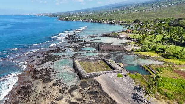 Aerial view of Kahalu u Beach Park and volcanic coastline United States