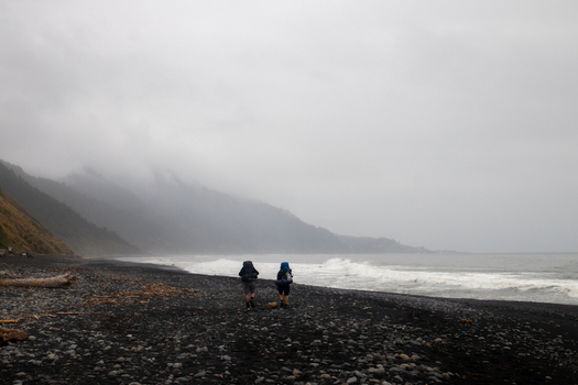 View of two hikers with backpacks walking along the dark pebbly shore of the Lost Coast under a foggy sky with misty mountains in Humboldt County California United States.