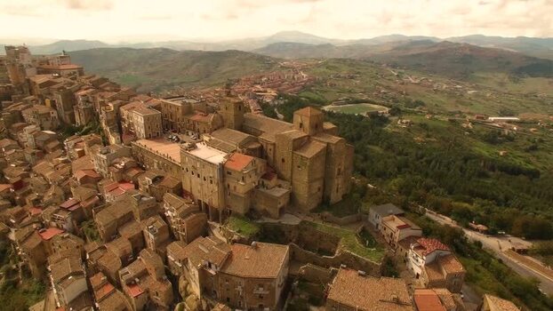Aerial view of historic hilltop town in Sicily Italy.