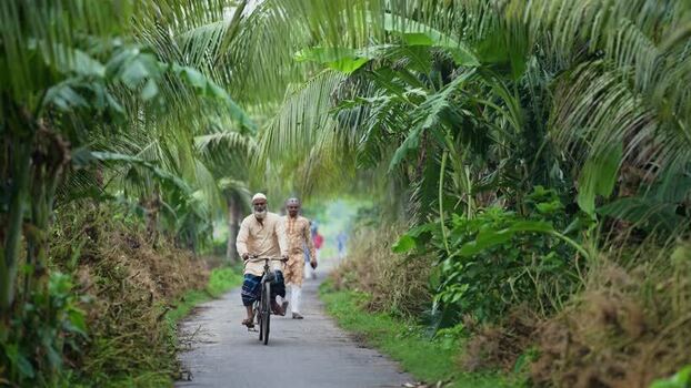 View of a man riding a bicycle on a rural path in Bangladesh. View of a man riding a bicycle on a rural path in Bangladesh.