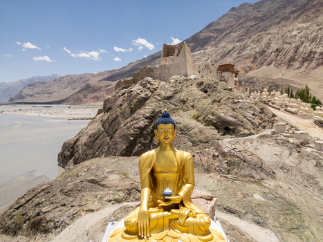 Aerial view of the golden Buddha statue at Charasa Gonpa with rugged mountains and a river in the background in Charasa Ladakh India.