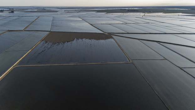 Aerial view of the flooded rice fields of Isla Minima with geometric patterns and water reflections in Sevilla Andalucia Spain. Aerial view of the flooded rice fields of Isla Minima with geometric patterns and water reflections in Sevilla Andalucia Spain.