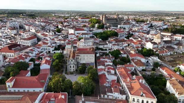 Aerial view of historic Evora rooftops and cathedral Portugal. Aerial view of historic Evora rooftops and cathedral Portugal.