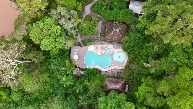 Aerial view of pool in Amazon rainforest near Rio Napo Ecuador.