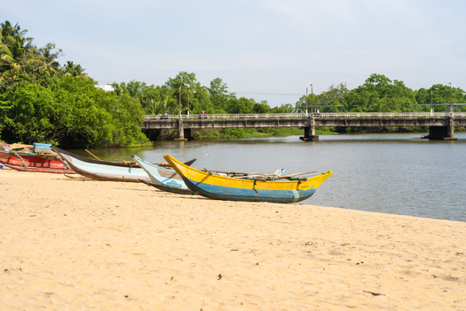 View of traditional colorful fishing boats resting on a sandy shore with a bridge crossing the river and lush greenery in the background in Galle Southern Province Sri Lanka.