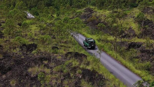 Aerial view of off road vehicle near Mount Batur Indonesia. Aerial view of off road vehicle near Mount Batur Indonesia.